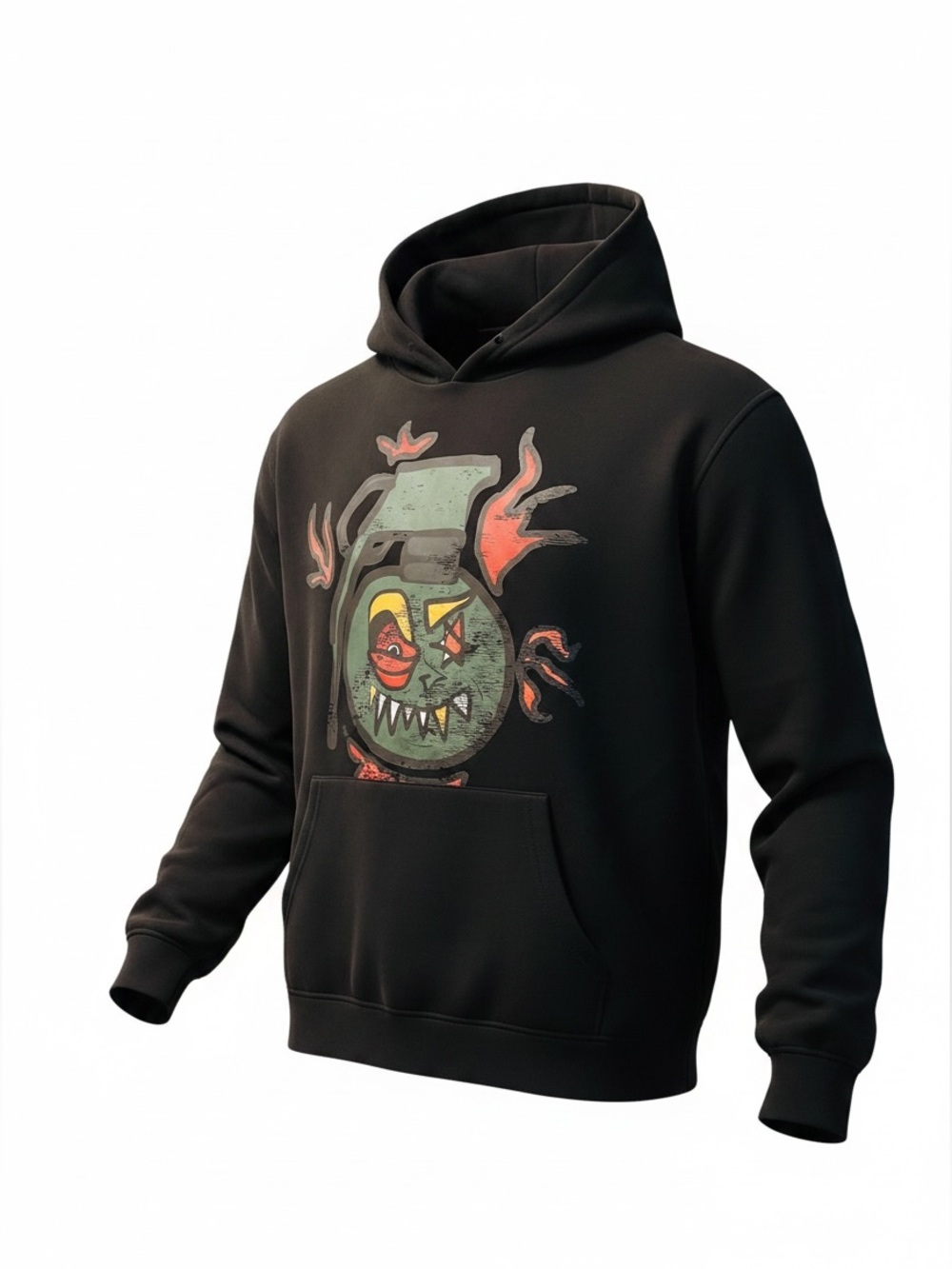 LGNDS NWT Black Graphic Pullover Hoodie with Cartoon Grenade Motif
